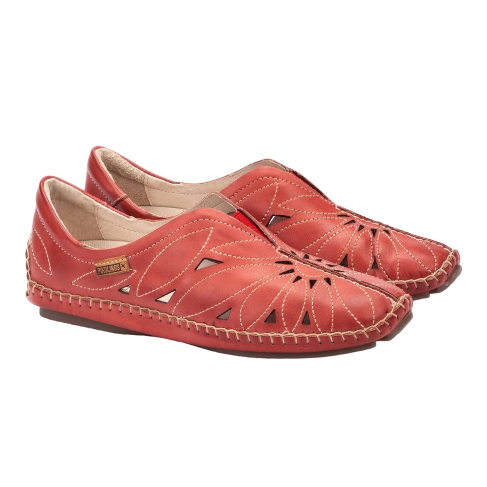 Pinkolinos slip on ballet flats perforated flower leather orange red